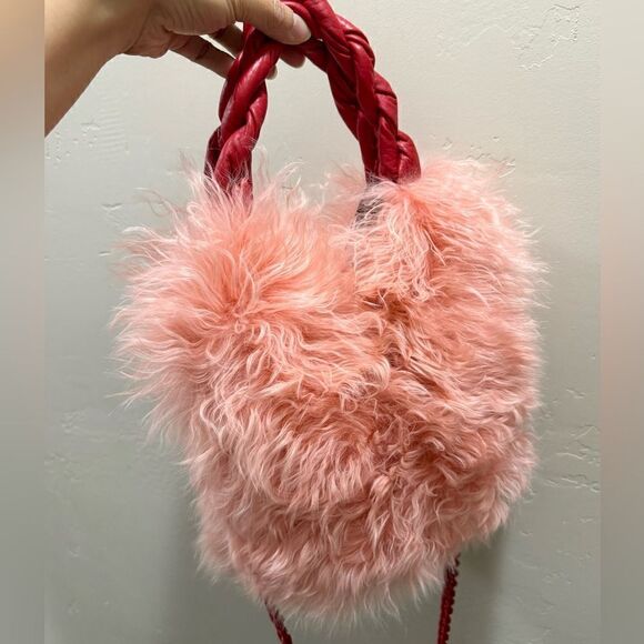Flamingo Pink Handmade Real Shearling Leather Lambskin Braided Top Handles Bag - Picture 12 of 16